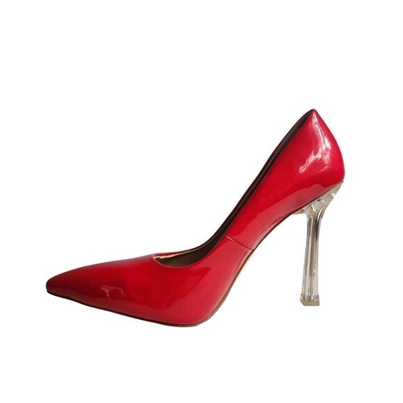 Azalea Wang 7.5 Apple Red Pumps 4.25” Stiletto Clear Heels Patent Leather - Picture 1 of 7